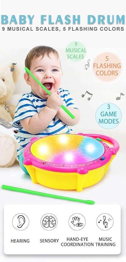 Kids Musical Drum Set with Drumsticks, Multicolor 3D Lights